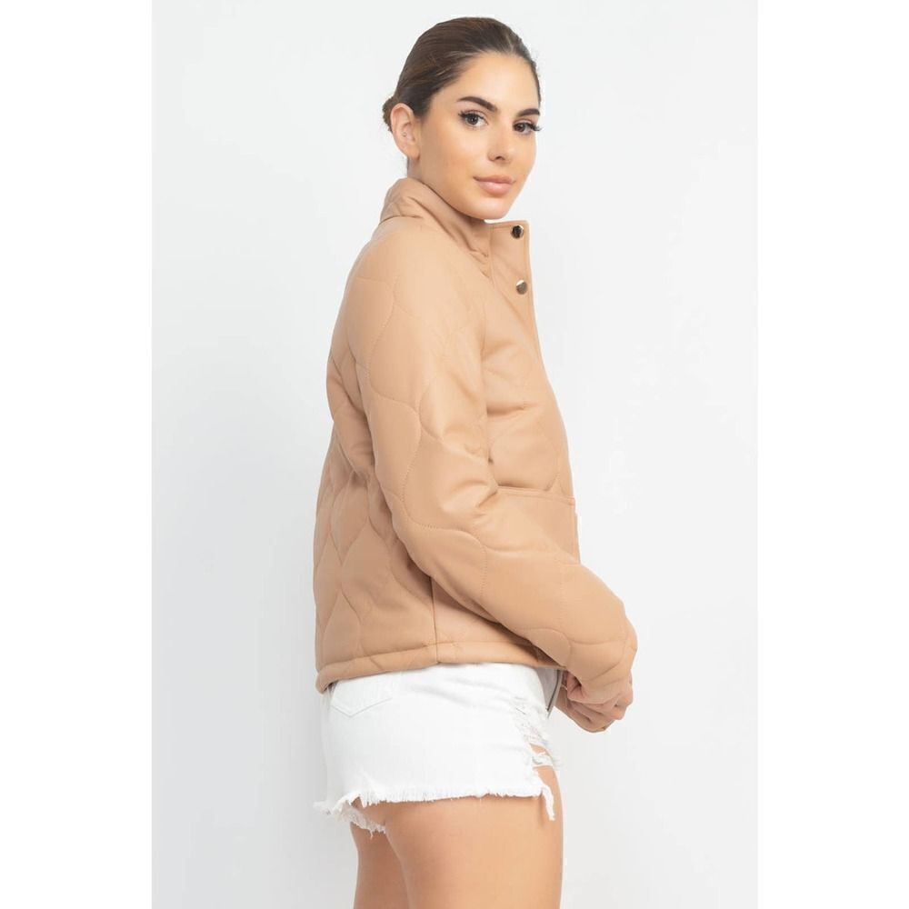 Taupe Mock Neck Quilted Jacket - Picture 3 of 5